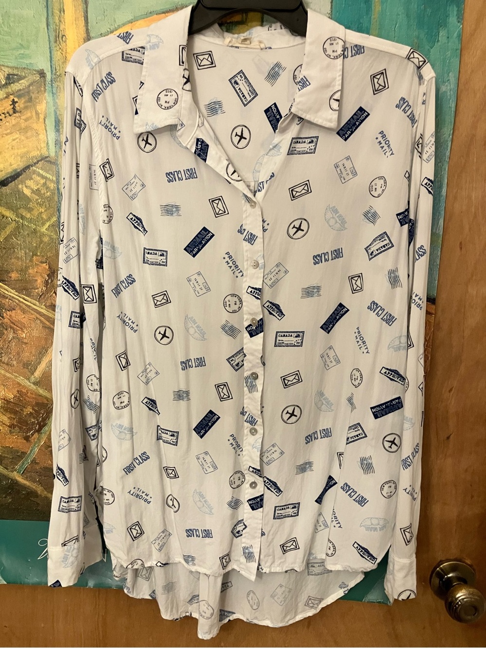 Jane and Delancey White Button-Down Shirt with Navy Travel Print